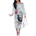 Australia Magpie Christmas Off The Shoulder Long Sleeve Dress Eucalyptus Aboriginal Watercolor Stylized - Aussie Hoodie