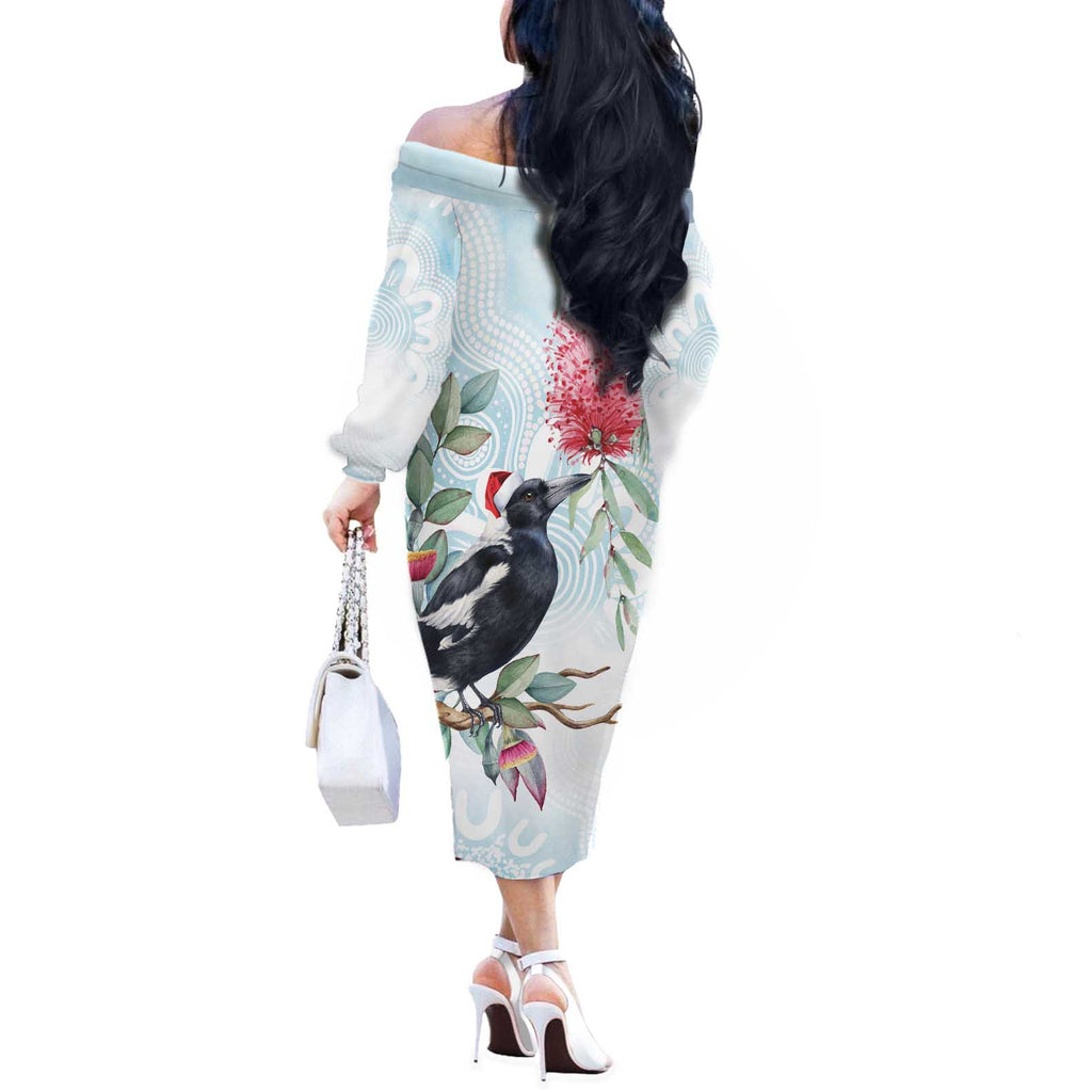 Australia Magpie Christmas Off The Shoulder Long Sleeve Dress Eucalyptus Aboriginal Watercolor Stylized - Aussie Hoodie