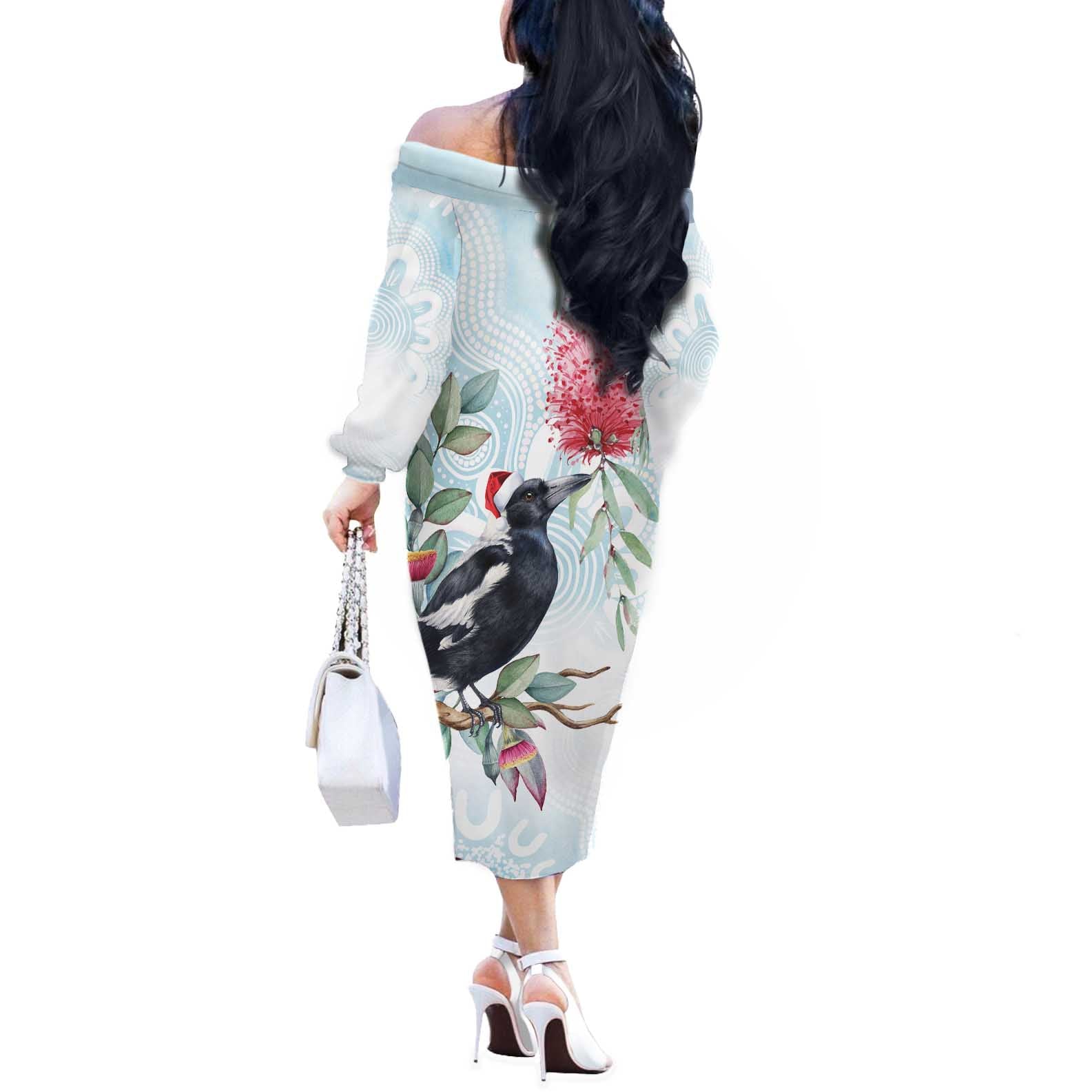 Australia Magpie Christmas Off The Shoulder Long Sleeve Dress Eucalyptus Aboriginal Watercolor Stylized - Aussie Hoodie