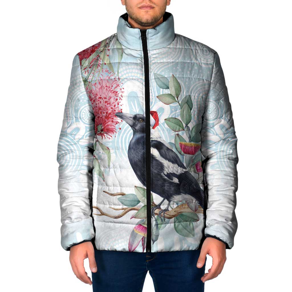 Australia Magpie Christmas Padded Jacket Eucalyptus Aboriginal Watercolor Stylized - Aussie Hoodie