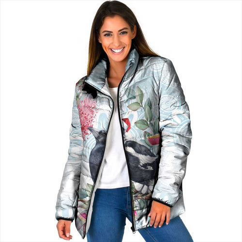 Australia Magpie Christmas Padded Jacket Eucalyptus Aboriginal Watercolor Stylized - Aussie Hoodie