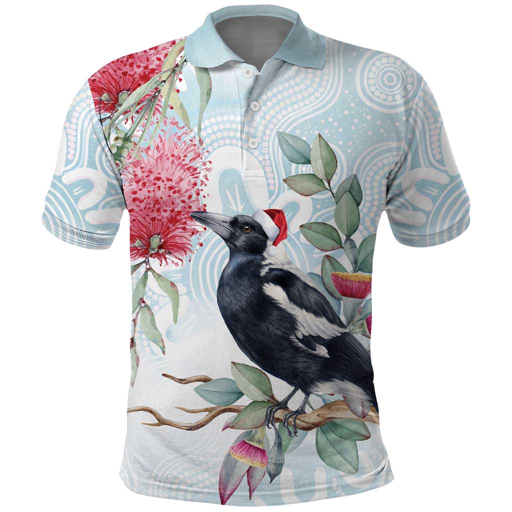 Australia Magpie Christmas Polo Shirt Eucalyptus Aboriginal Watercolor Stylized - Aussie Hoodie