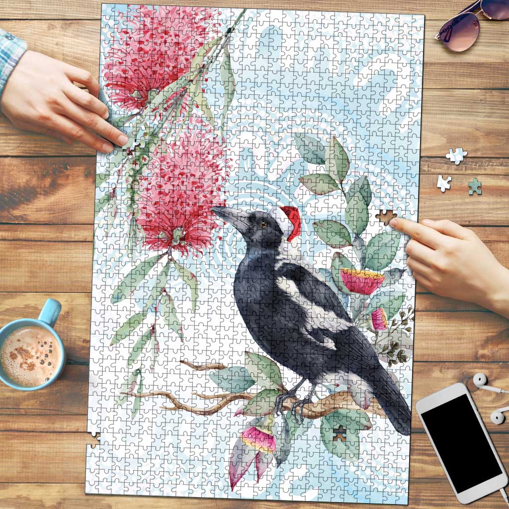 Australia Magpie Christmas Puzzle Eucalyptus Aboriginal Watercolor Stylized - Aussie Hoodie