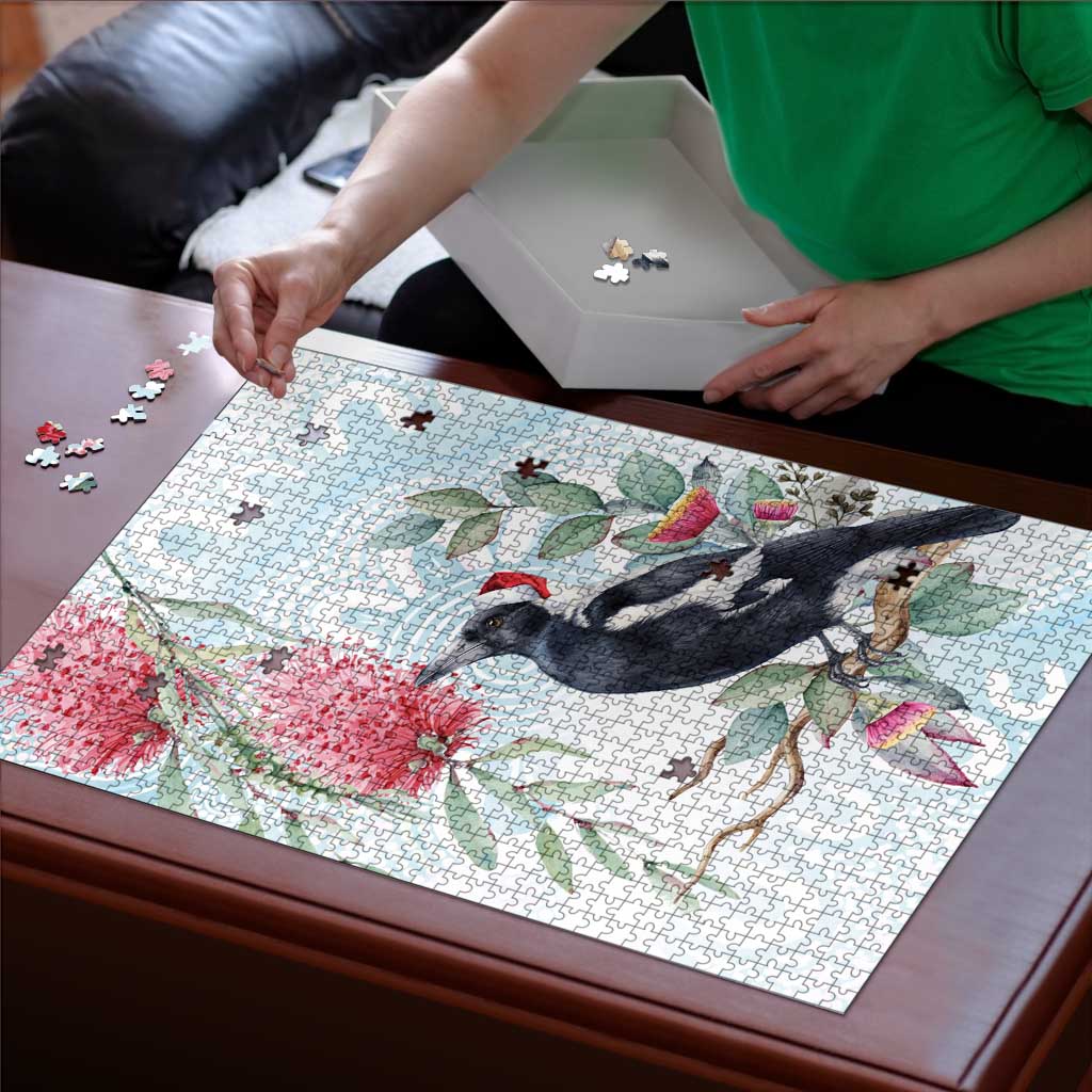 Australia Magpie Christmas Puzzle Eucalyptus Aboriginal Watercolor Stylized - Aussie Hoodie