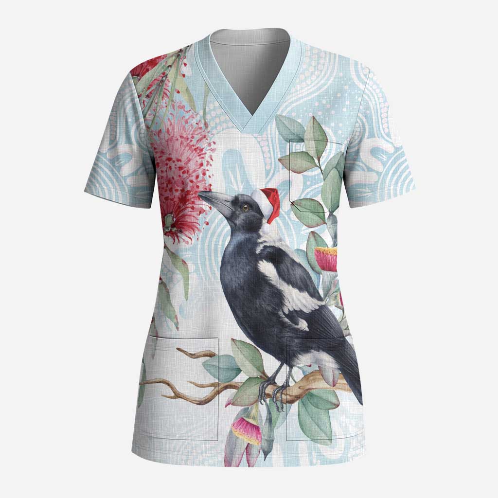 Australia Magpie Christmas Scrub Top Eucalyptus Aboriginal Watercolor Stylized - Aussie Hoodie