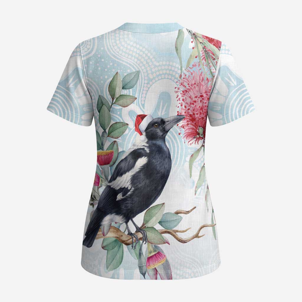 Australia Magpie Christmas Scrub Top Eucalyptus Aboriginal Watercolor Stylized - Aussie Hoodie