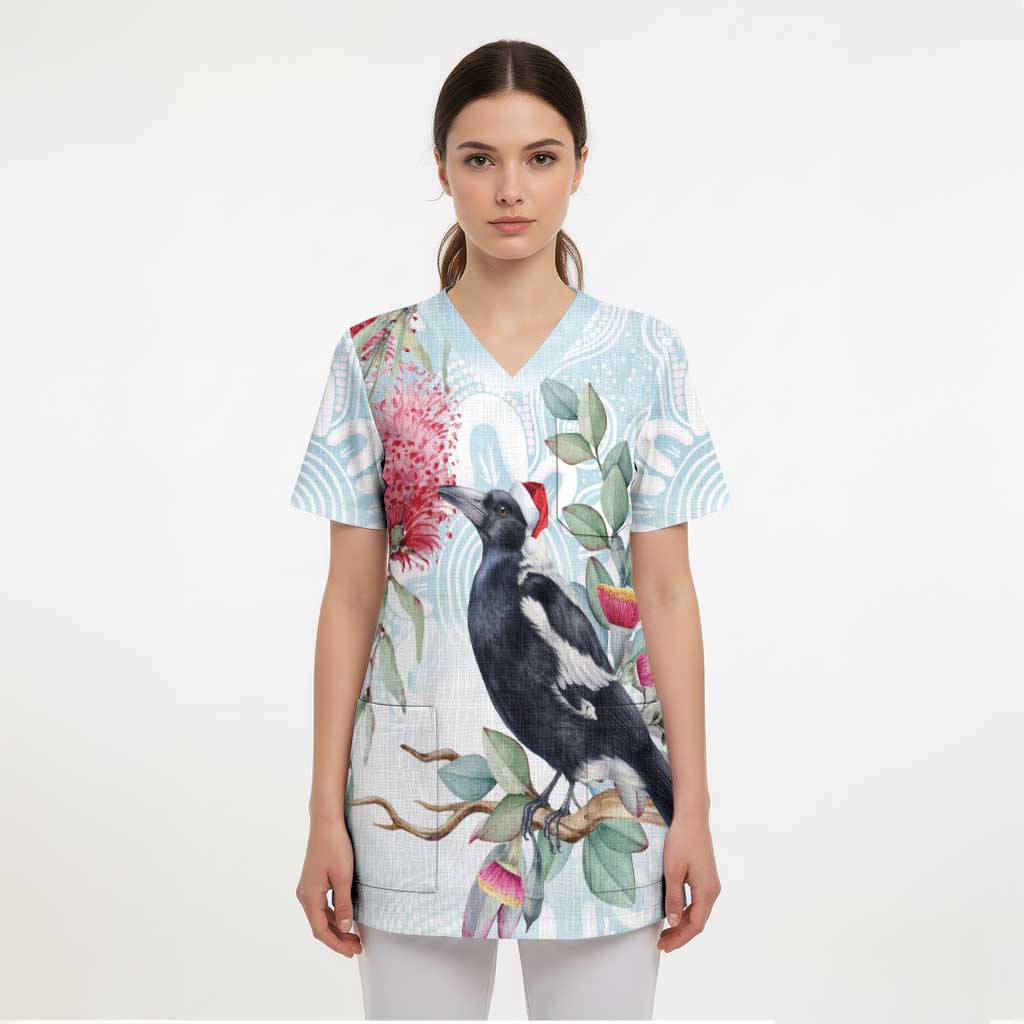 Australia Magpie Christmas Scrub Top Eucalyptus Aboriginal Watercolor Stylized - Aussie Hoodie