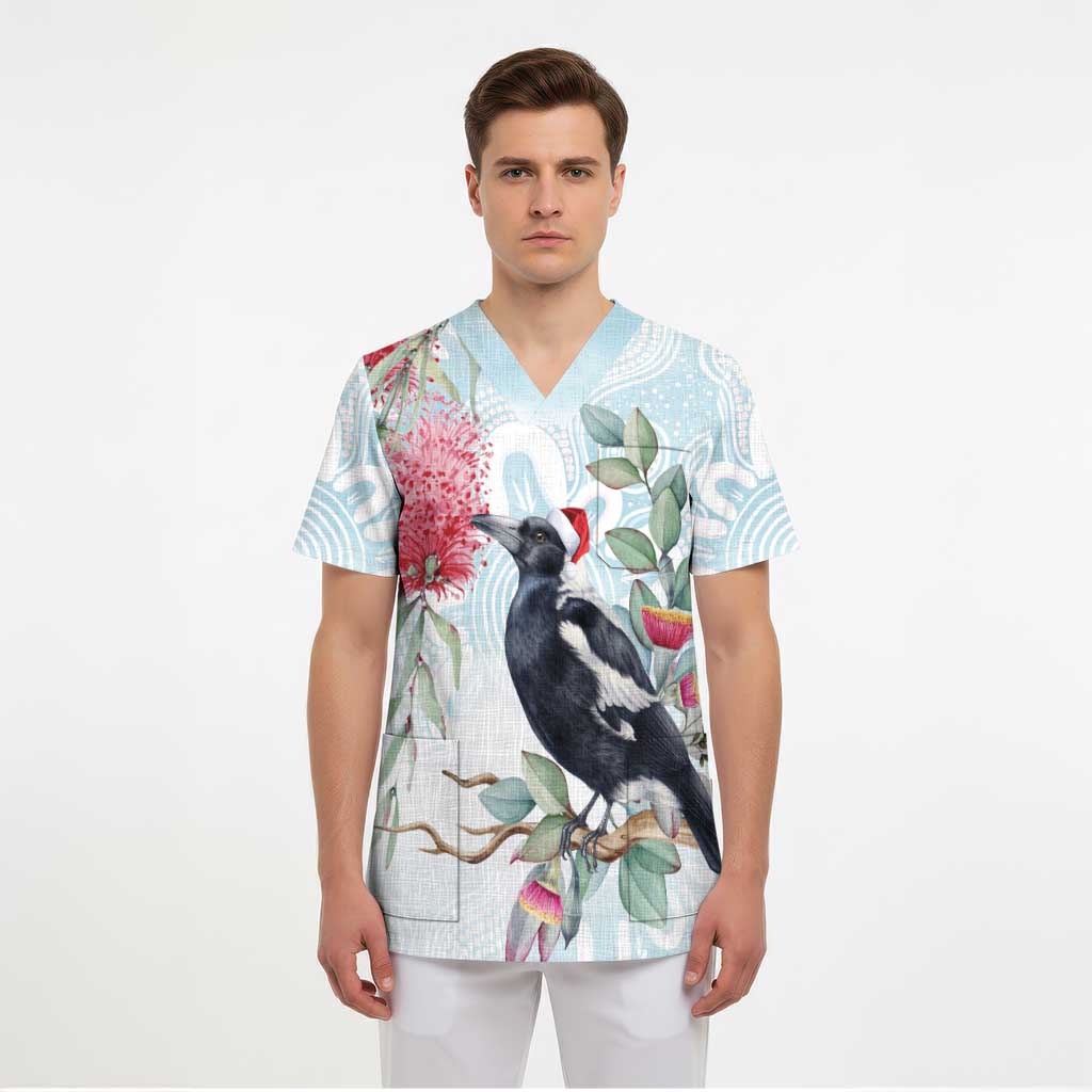 Australia Magpie Christmas Scrub Top Eucalyptus Aboriginal Watercolor Stylized - Aussie Hoodie