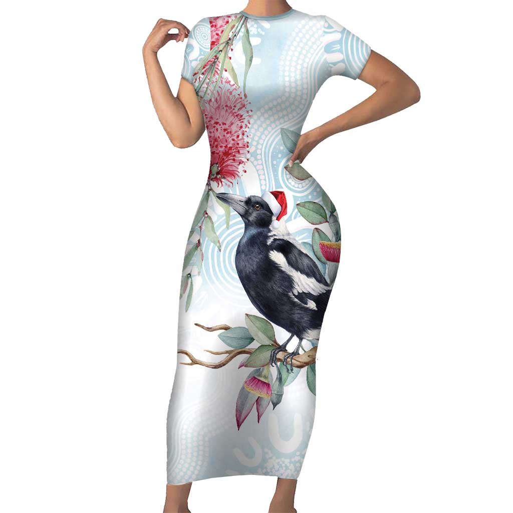 Australia Magpie Christmas Short Sleeve Bodycon Dress Eucalyptus Aboriginal Watercolor Stylized - Aussie Hoodie