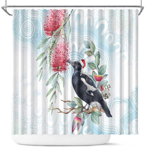 Australia Magpie Christmas Shower Curtain Eucalyptus Aboriginal Watercolor Stylized - Aussie Hoodie
