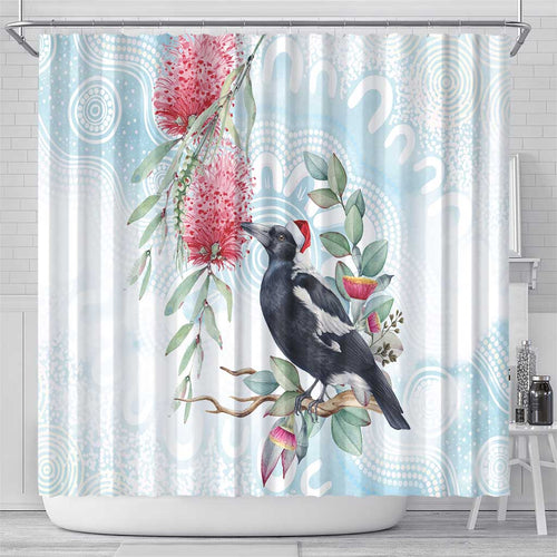Australia Magpie Christmas Shower Curtain Eucalyptus Aboriginal Watercolor Stylized - Aussie Hoodie