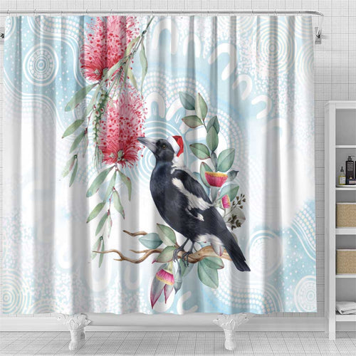 Australia Magpie Christmas Shower Curtain Eucalyptus Aboriginal Watercolor Stylized - Aussie Hoodie
