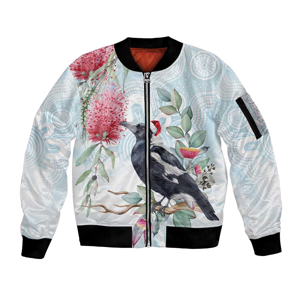 Australia Magpie Christmas Sleeve Zip Bomber Jacket Eucalyptus Aboriginal Watercolor Stylized - Aussie Hoodie