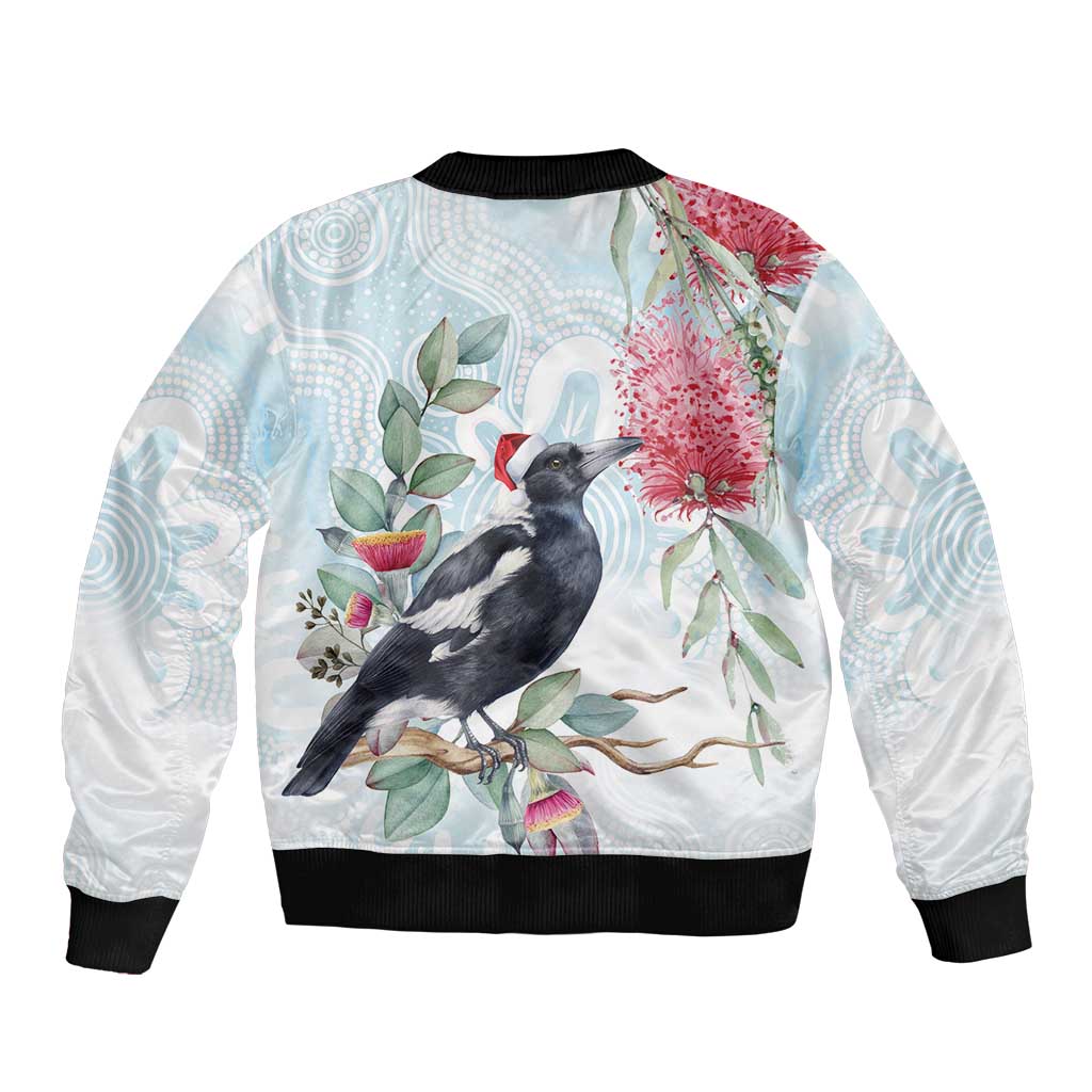 Australia Magpie Christmas Sleeve Zip Bomber Jacket Eucalyptus Aboriginal Watercolor Stylized - Aussie Hoodie