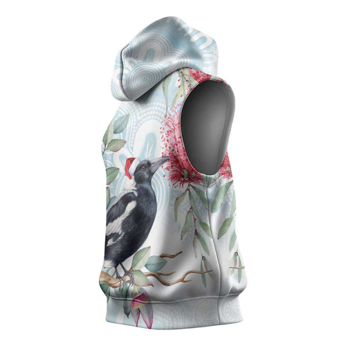 Australia Magpie Christmas Sleeveless Hoodie Eucalyptus Aboriginal Watercolor Stylized - Aussie Hoodie