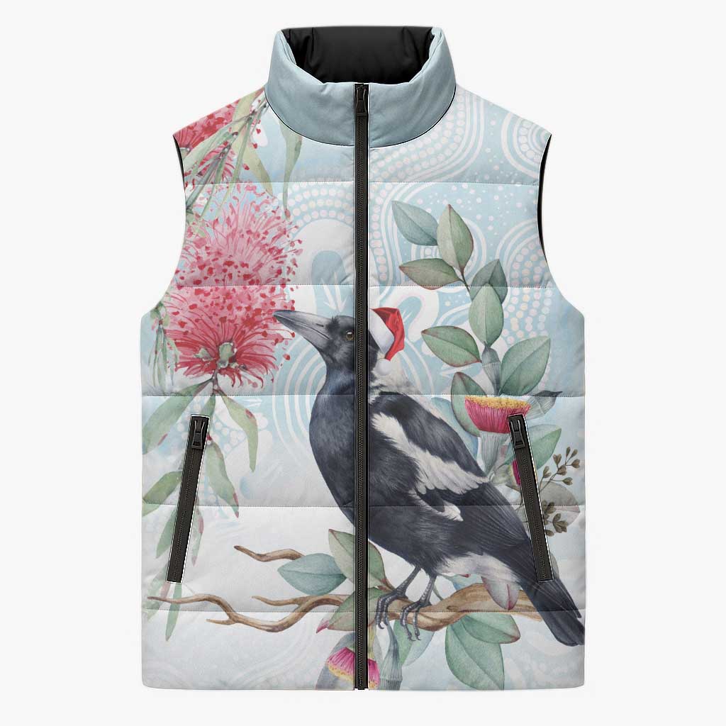 Australia Magpie Christmas Sleeveless Puffer Jacket Eucalyptus Aboriginal Watercolor Stylized - Aussie Hoodie