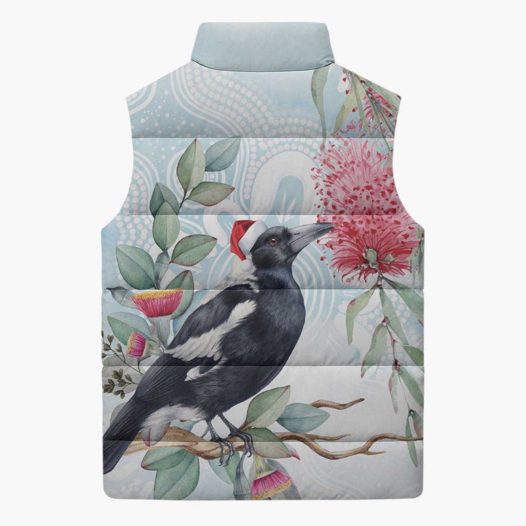 Australia Magpie Christmas Sleeveless Puffer Jacket Eucalyptus Aboriginal Watercolor Stylized - Aussie Hoodie