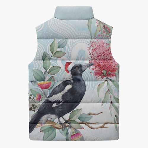 Australia Magpie Christmas Sleeveless Puffer Jacket Eucalyptus Aboriginal Watercolor Stylized - Aussie Hoodie