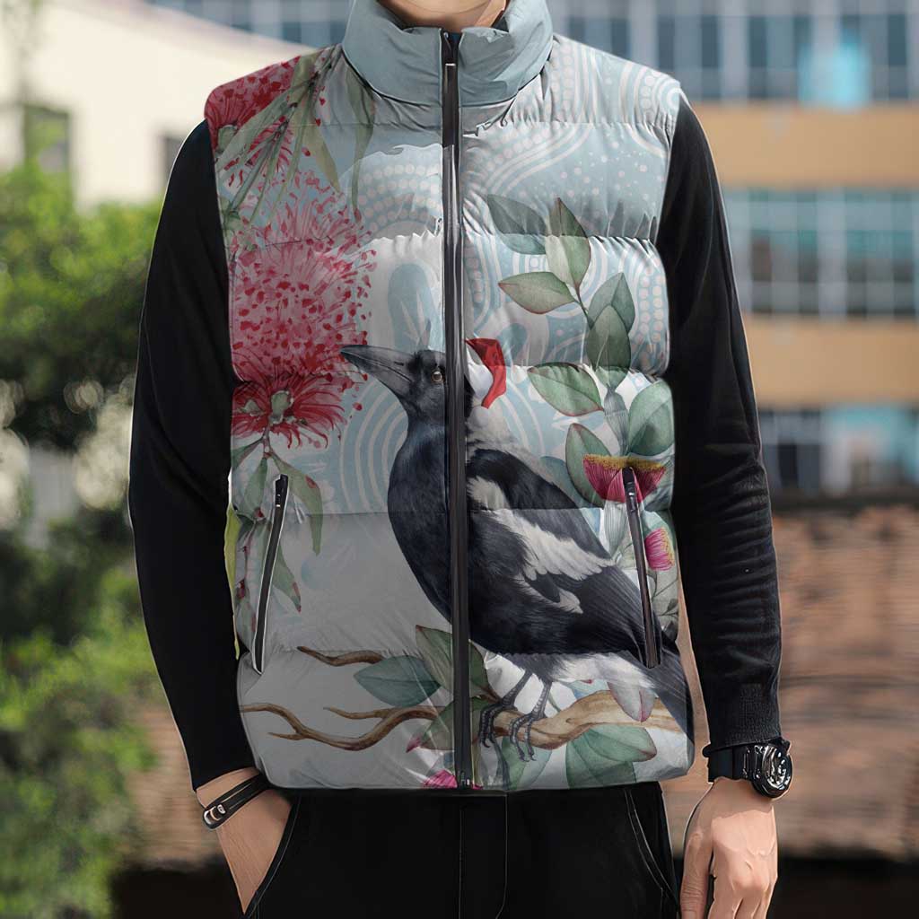 Australia Magpie Christmas Sleeveless Puffer Jacket Eucalyptus Aboriginal Watercolor Stylized - Aussie Hoodie