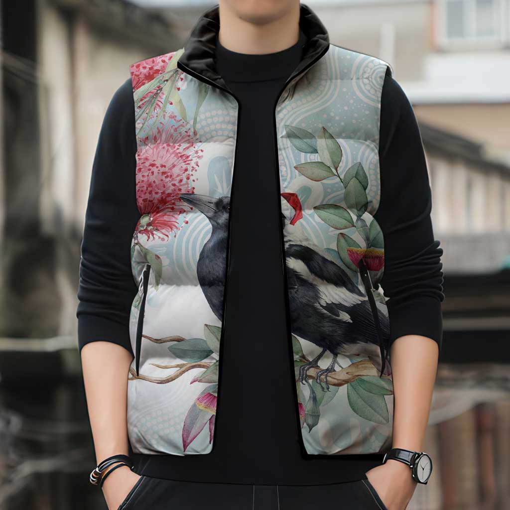 Australia Magpie Christmas Sleeveless Puffer Jacket Eucalyptus Aboriginal Watercolor Stylized - Aussie Hoodie