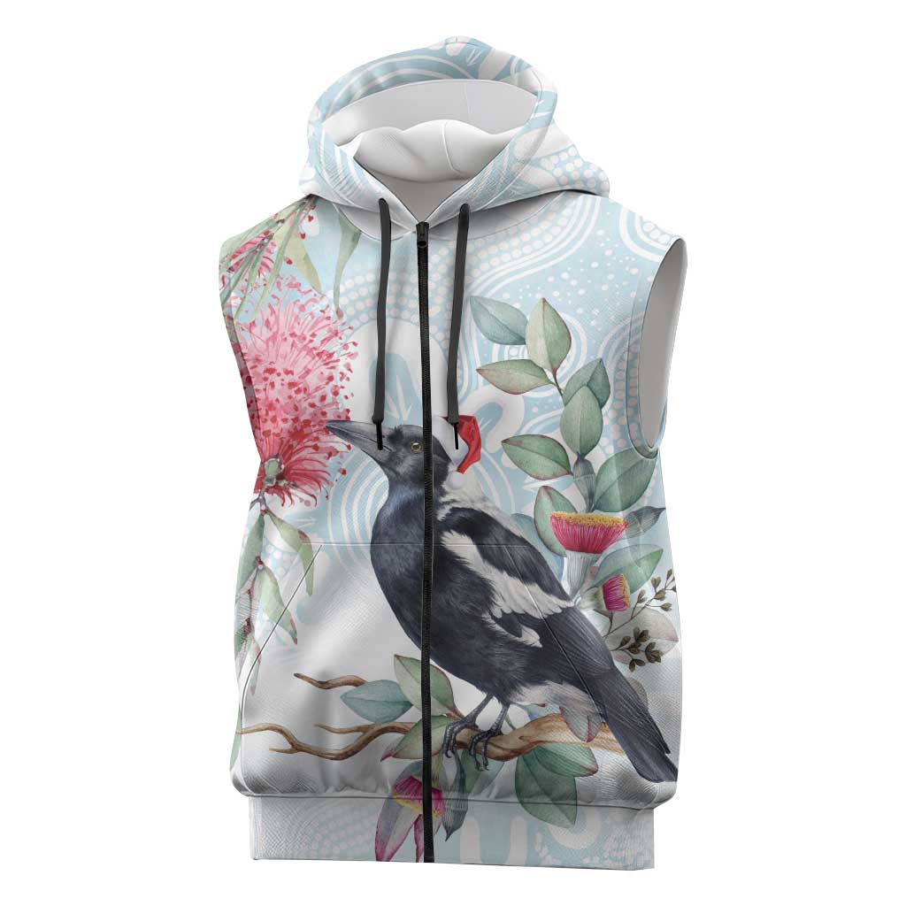 Australia Magpie Christmas Sleeveless Zip Hoodie Eucalyptus Aboriginal Watercolor Stylized LT14