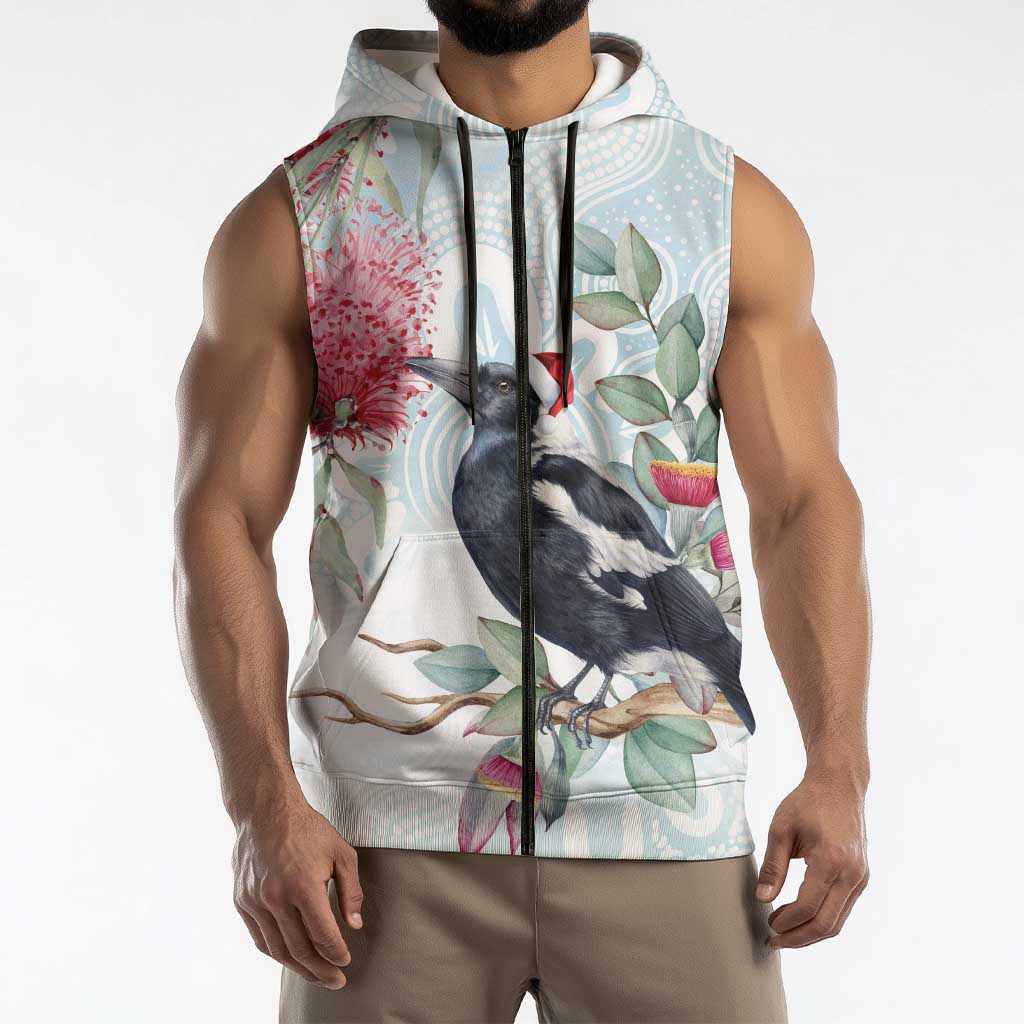 Australia Magpie Christmas Sleeveless Zip Hoodie Eucalyptus Aboriginal Watercolor Stylized LT14