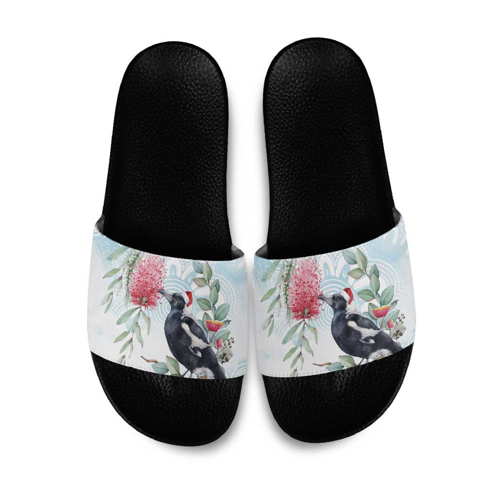 Australia Magpie Christmas Slide Sandals Eucalyptus Aboriginal Watercolor Stylized - Aussie Hoodie