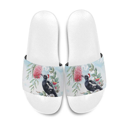 Australia Magpie Christmas Slide Sandals Eucalyptus Aboriginal Watercolor Stylized - Aussie Hoodie