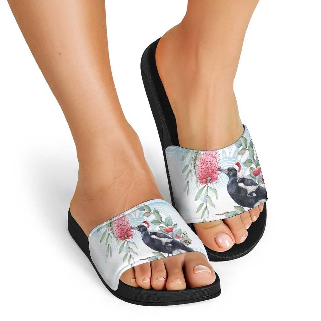 Australia Magpie Christmas Slide Sandals Eucalyptus Aboriginal Watercolor Stylized - Aussie Hoodie