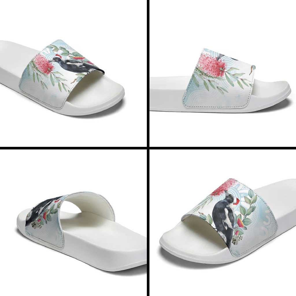 Australia Magpie Christmas Slide Sandals Eucalyptus Aboriginal Watercolor Stylized - Aussie Hoodie