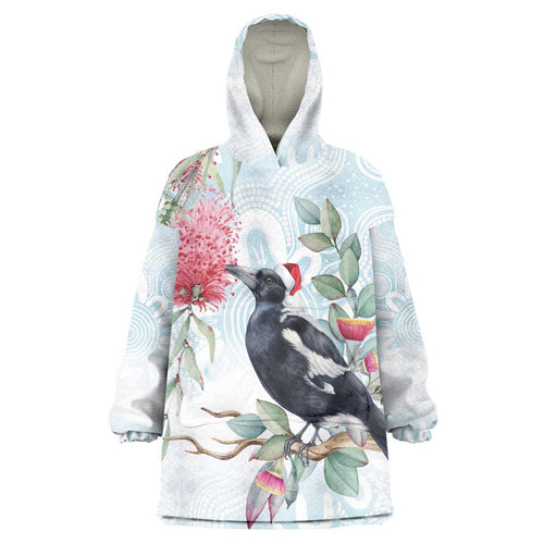 Australia Magpie Christmas Wearable Blanket Hoodie Eucalyptus Aboriginal Watercolor Stylized - Aussie Hoodie