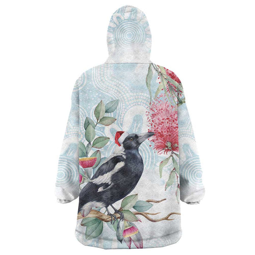 Australia Magpie Christmas Wearable Blanket Hoodie Eucalyptus Aboriginal Watercolor Stylized - Aussie Hoodie