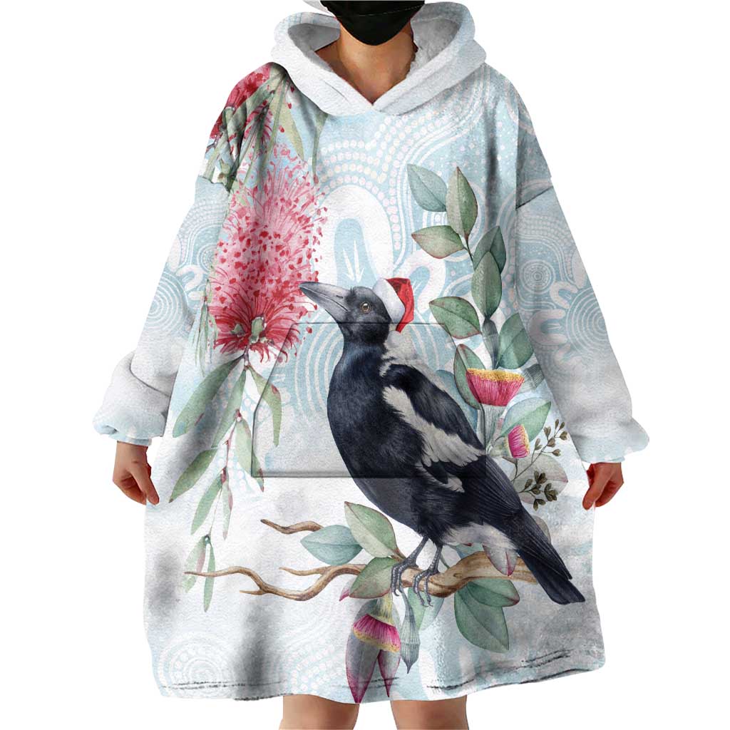 Australia Magpie Christmas Wearable Blanket Hoodie Eucalyptus Aboriginal Watercolor Stylized - Aussie Hoodie