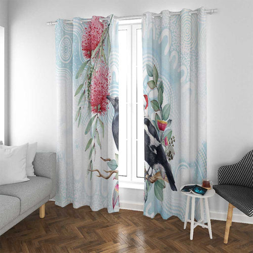 Australia Magpie Christmas Window Curtain Eucalyptus Aboriginal Watercolor Stylized - Aussie Hoodie