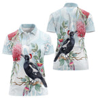 Australia Magpie Christmas Women Polo Shirt Eucalyptus Aboriginal Watercolor Stylized - Aussie Hoodie