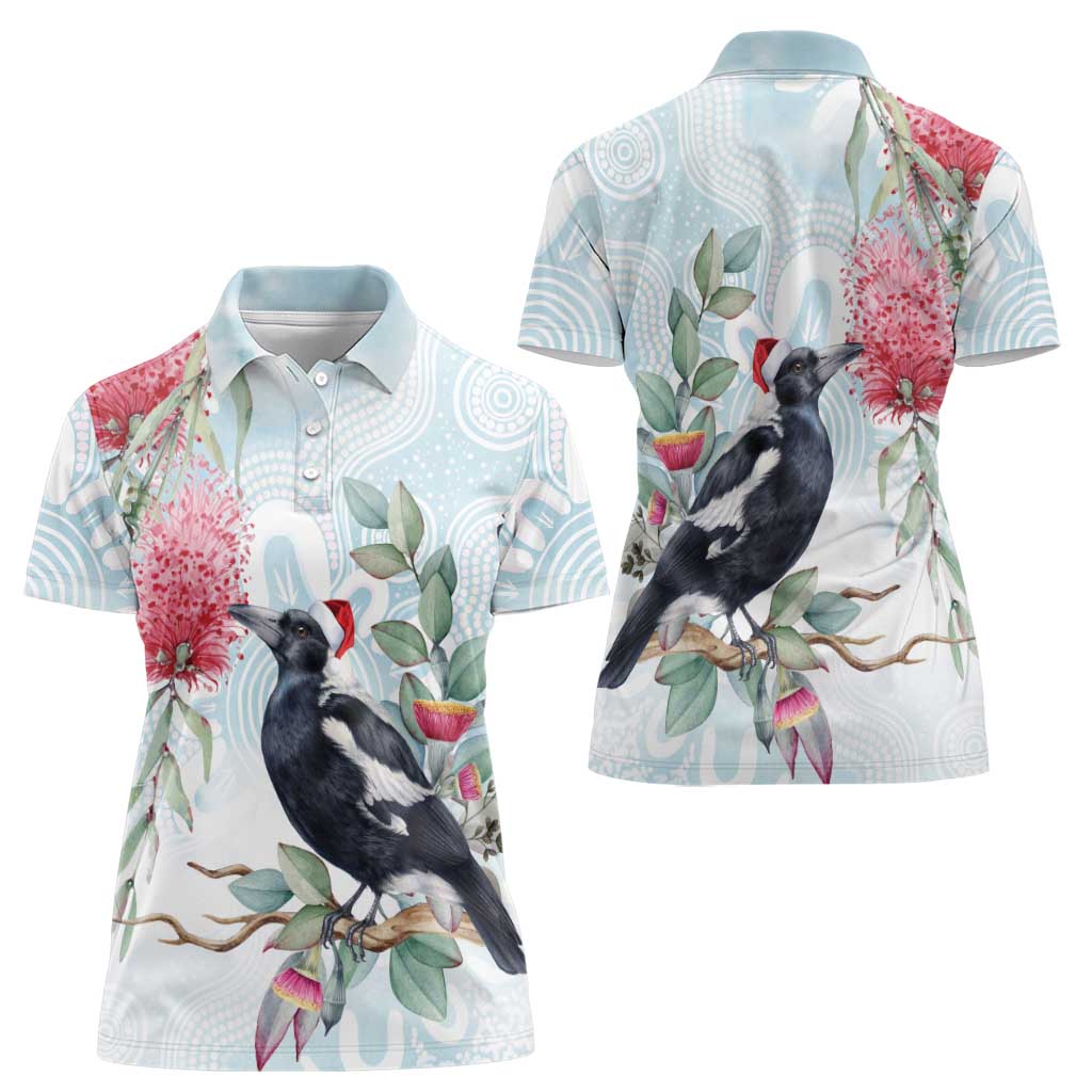 Australia Magpie Christmas Women Polo Shirt Eucalyptus Aboriginal Watercolor Stylized - Aussie Hoodie