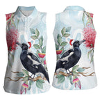 Australia Magpie Christmas Women Sleeveless Polo Shirt Eucalyptus Aboriginal Watercolor Stylized - Aussie Hoodie