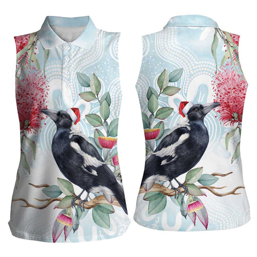 Australia Magpie Christmas Women Sleeveless Polo Shirt Eucalyptus Aboriginal Watercolor Stylized - Aussie Hoodie