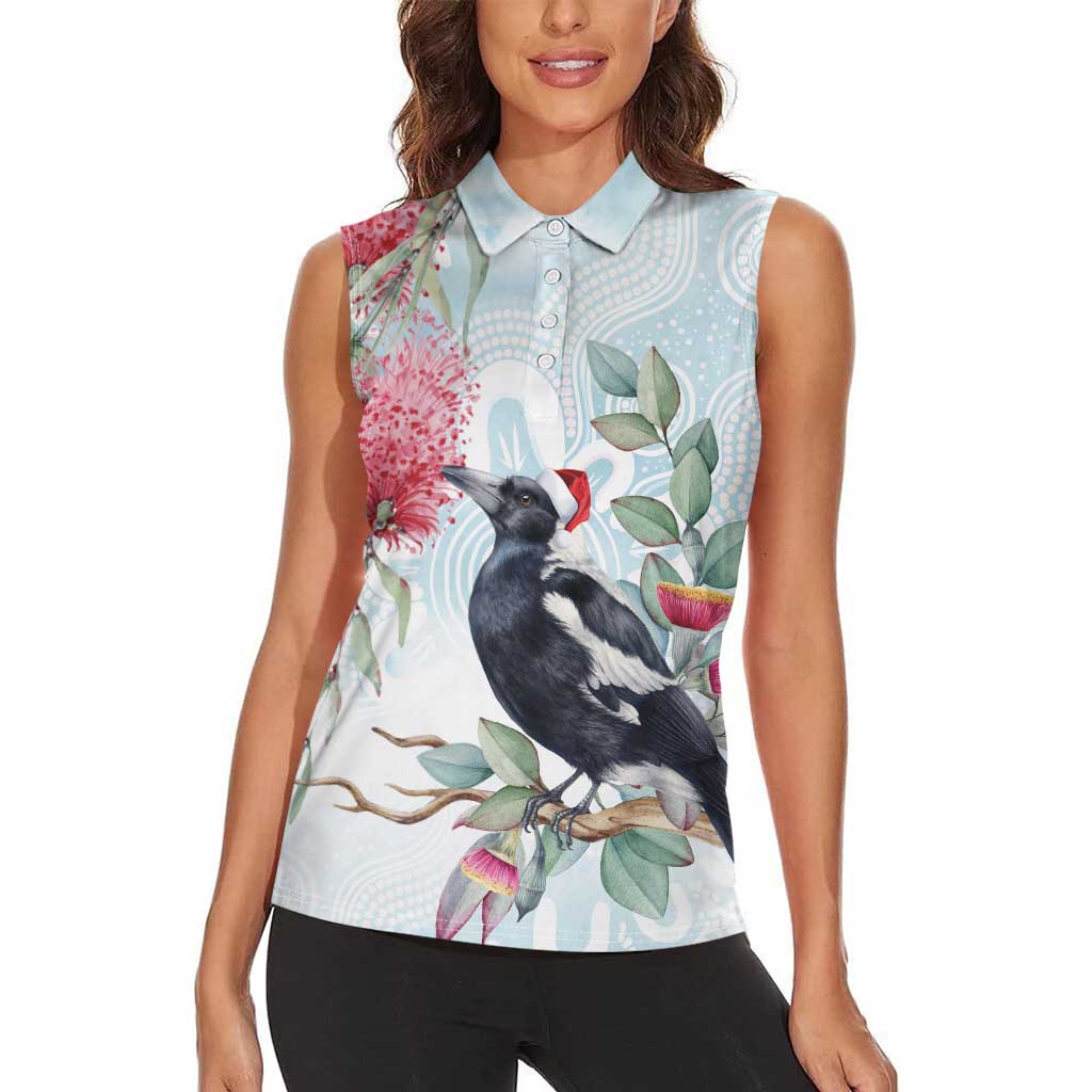 Australia Magpie Christmas Women Sleeveless Polo Shirt Eucalyptus Aboriginal Watercolor Stylized - Aussie Hoodie