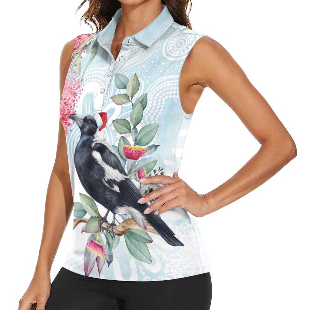 Australia Magpie Christmas Women Sleeveless Polo Shirt Eucalyptus Aboriginal Watercolor Stylized - Aussie Hoodie