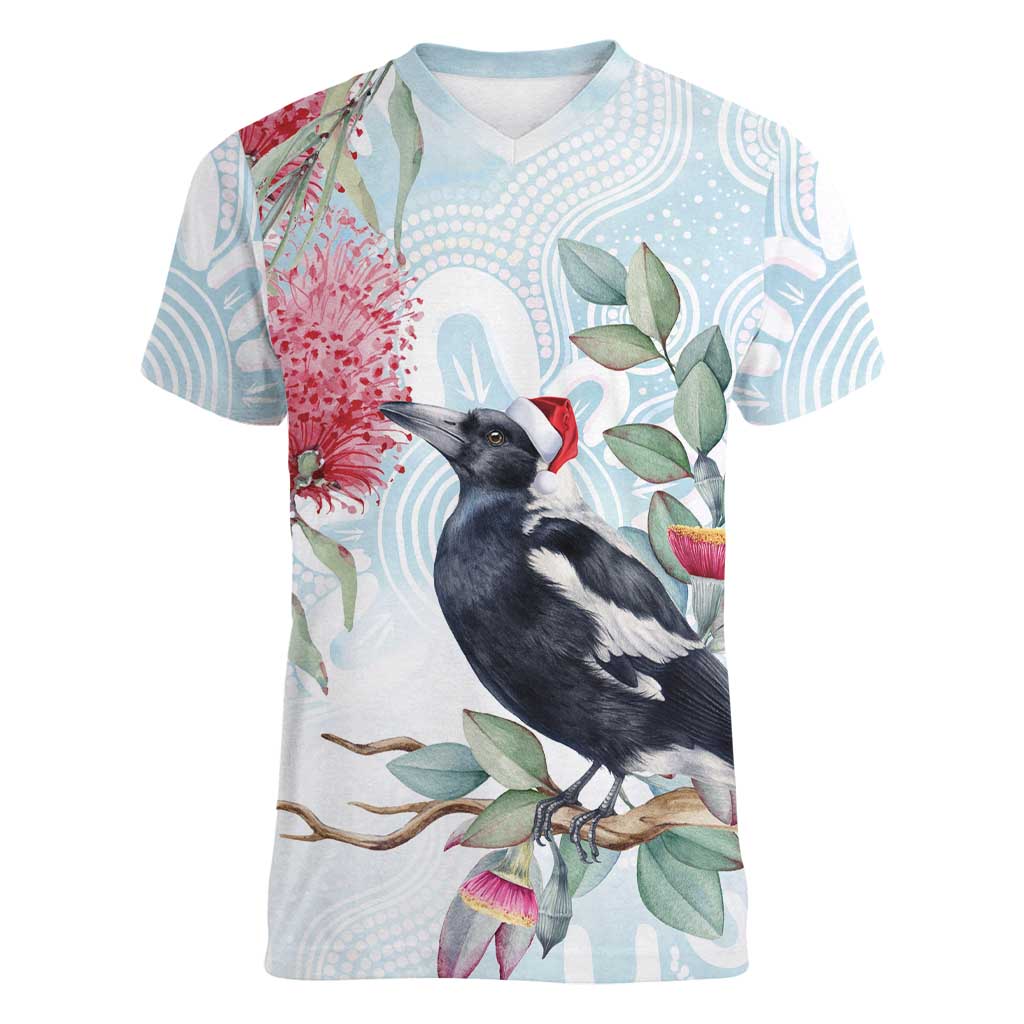 Australia Magpie Christmas Women V-Neck T-Shirt Eucalyptus Aboriginal Watercolor Stylized - Aussie Hoodie