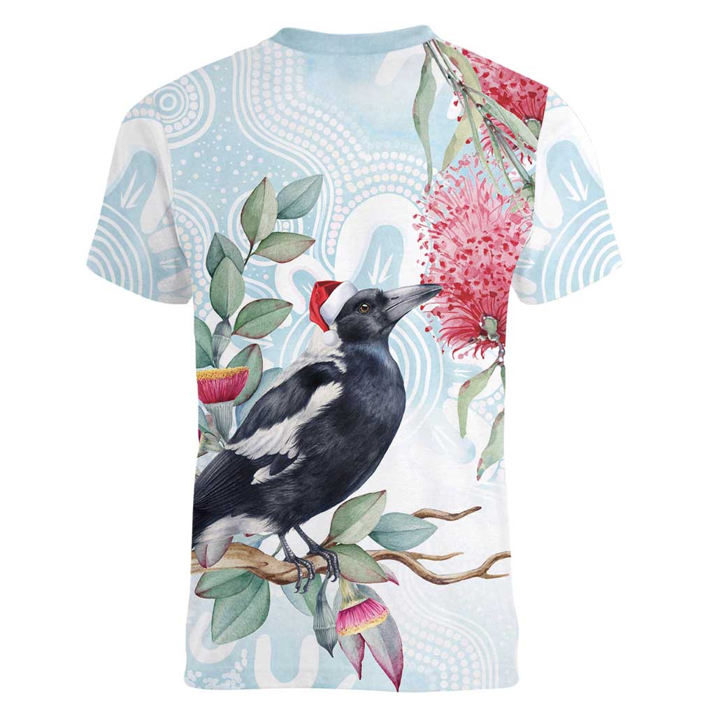 Australia Magpie Christmas Women V-Neck T-Shirt Eucalyptus Aboriginal Watercolor Stylized - Aussie Hoodie