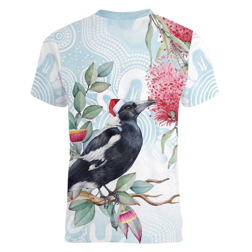 Australia Magpie Christmas Women V-Neck T-Shirt Eucalyptus Aboriginal Watercolor Stylized - Aussie Hoodie