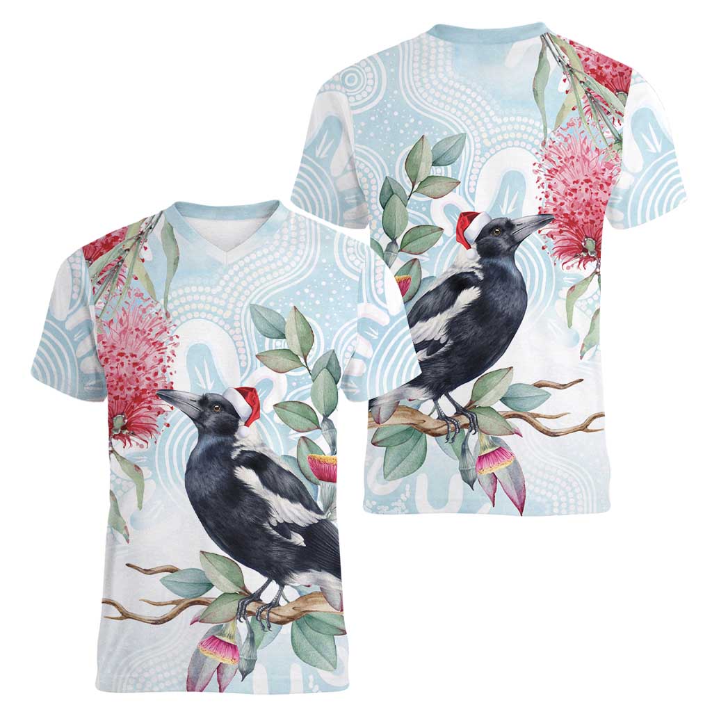 Australia Magpie Christmas Women V-Neck T-Shirt Eucalyptus Aboriginal Watercolor Stylized - Aussie Hoodie