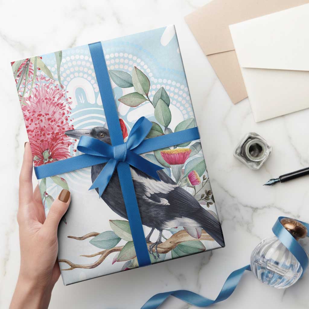 Australia Magpie Christmas Wrapping Paper Eucalyptus Aboriginal Watercolor Stylized - Aussie Hoodie