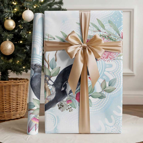 Australia Magpie Christmas Wrapping Paper Eucalyptus Aboriginal Watercolor Stylized - Aussie Hoodie