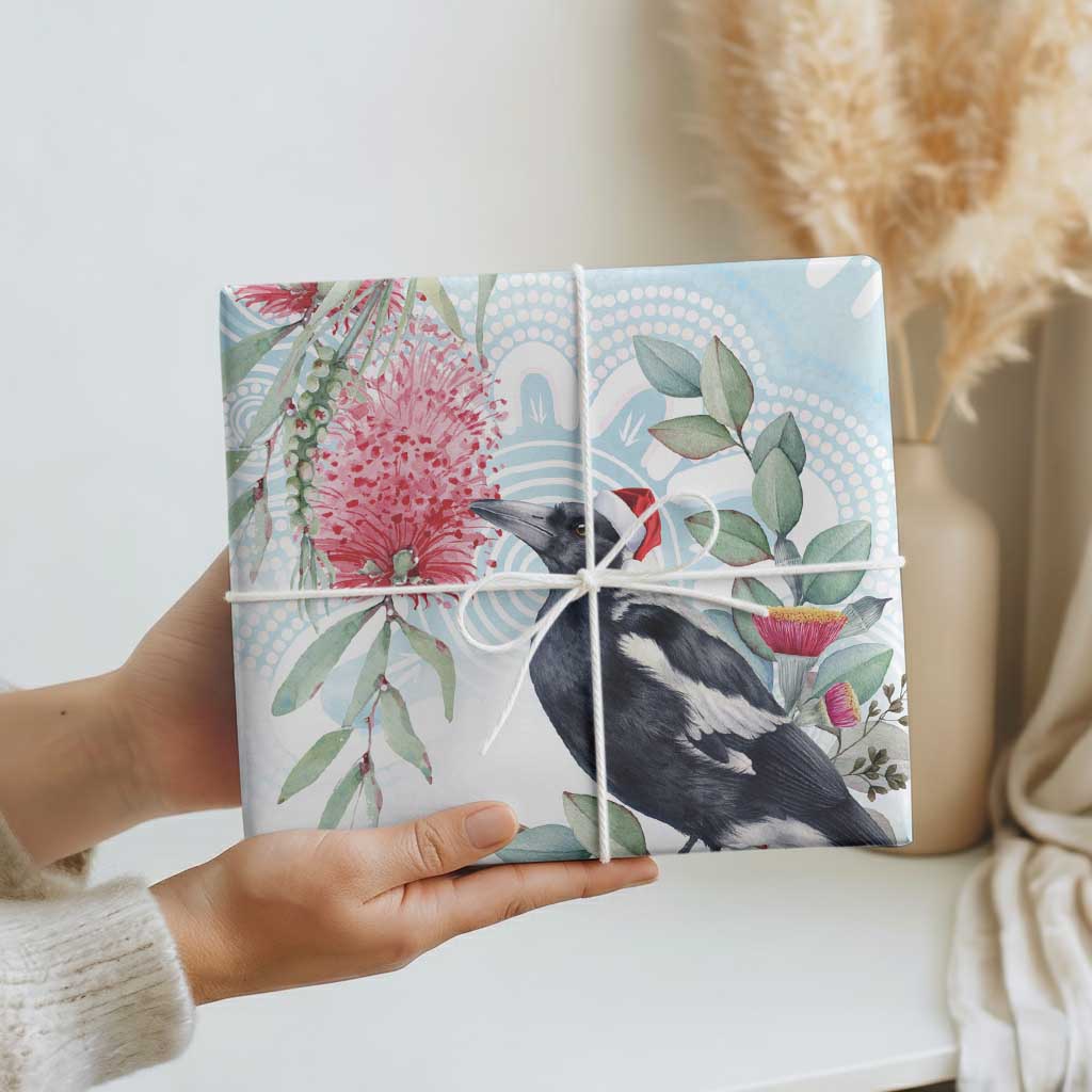 Australia Magpie Christmas Wrapping Paper Eucalyptus Aboriginal Watercolor Stylized - Aussie Hoodie