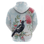 Australia Magpie Christmas Zip Hoodie Eucalyptus Aboriginal Watercolor Stylized - Aussie Hoodie