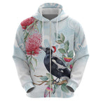 Australia Magpie Christmas Zip Hoodie Eucalyptus Aboriginal Watercolor Stylized - Aussie Hoodie