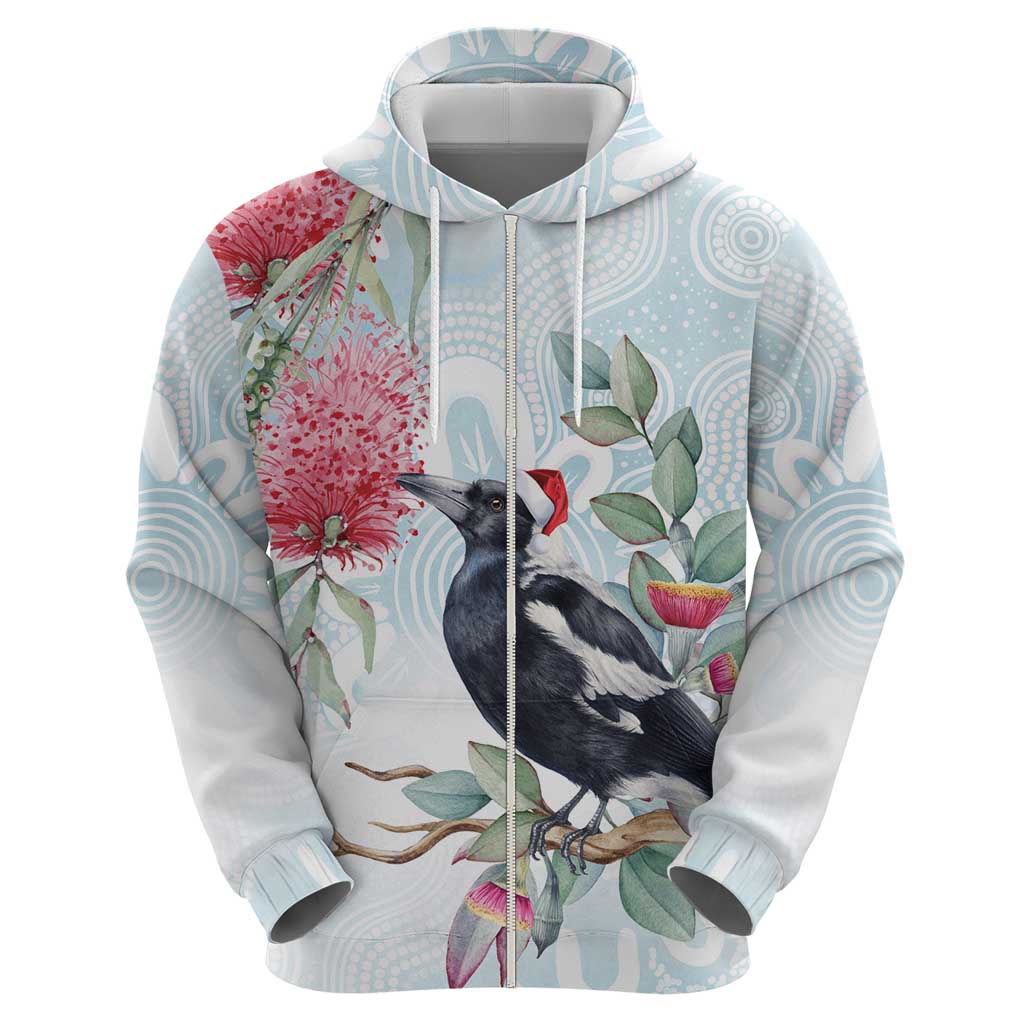 Australia Magpie Christmas Zip Hoodie Eucalyptus Aboriginal Watercolor Stylized - Aussie Hoodie